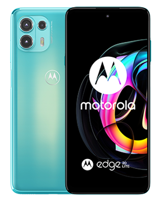 Doua telefone Motorola Edge Lite Dual Sim 128-8GB 5G Lagoon Green unul cu fata celalalt spatele imagine de fundal cu joc de culori roz albastru si gaben pe fundal alb