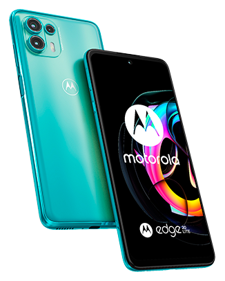 Telefon Doua telefone Motorola Edge Lite Dual Sim 128-8GB 5G Lagoon Green unul cu fata celalalt spatele inclinate imagine de fundal cu joc de culori roz albastru gaben pe fundal alb