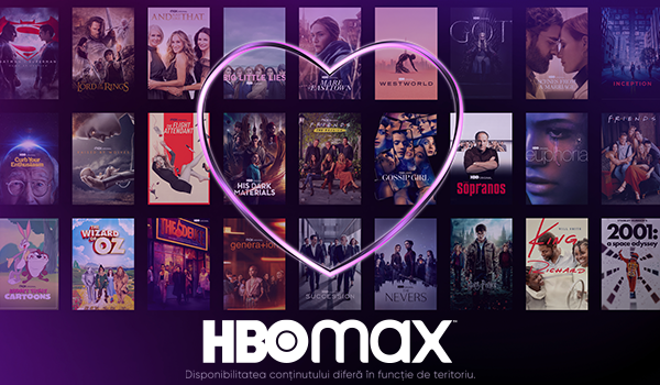 Sigla HBO Max impreuna cu afise de filme si textul Tot ce iubesti, intr-un singur loc pe fundal mov.