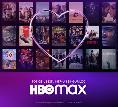 Sigla HBO Max cu afise de filme si o inima pe fundal mov