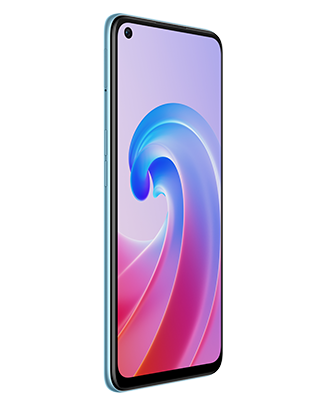 Telefon Telefon OPPO A96 Albastru, cu imagine de fundal cu val roz si albastru, privit din fata de la un unghi de 20 de grade spre dreapta