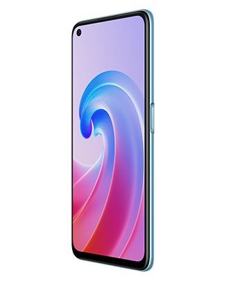 Telefon Telefon OPPO A96 Albastru, cu imagine de fundal cu val roz si albastru, privit din fata de la un unghi de 20 de grade spre stanga