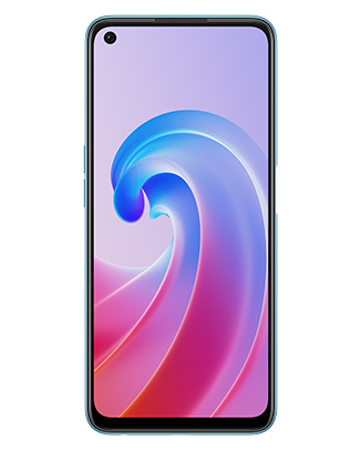 Telefon Telefon OPPO A96 Albastru, cu imagine de fundal cu val roz si albastru, privit din fata