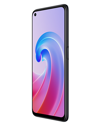 Telefon Telefon OPPO A96 Negru, cu imagine de fundal cu val roz si albastru, privit din fata de la un unghi de 20 de grade spre stanga