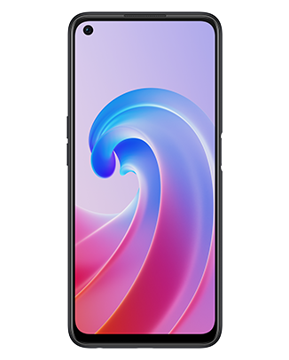 Telefon Telefon OPPO A96 Negru, cu imagine de fundal cu val roz si albastru, privit din fata