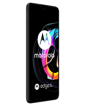 Telefon Telefon Motorola Edge Lite Dual Sim 128-8GB 5G Negru plasat cu fata intr-un unghi de 20 de grade spre stanga cu o imagine de fundal cu un joc de culori