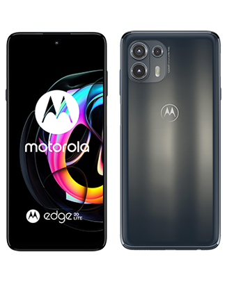 Doua telefone Motorola Edge Lite Dual Sim 128-8GB 5G negru fiind plasate unul cu fata si celalalt spatele cu o imagine de fundal cu un joc de culori roz albastru si ga
