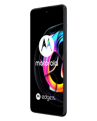 Telefon Telefon Motorola Edge Lite Dual Sim 128-8GB 5G Negru plasat cu fata intr-un unghi de 20 de grade spre dreapta cu imagine de fundal cu un joc de culori
