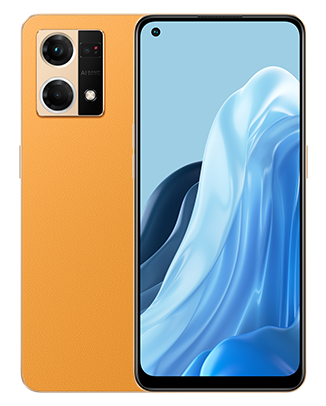 Telefoane OPPO Reno 7 4G Portocaliu cel din stanga cu spatele cel din dreapta cu fata imagine fundal valuri albastre pe telefonul cu spatele observand cele 3 camere