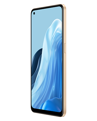 Telefon Telefon OPPO Reno 7 4G Portocaliu, cu imagine de fundal cu valuri albastre, privit din fata de la un unghi de 20 de grade spre stanga