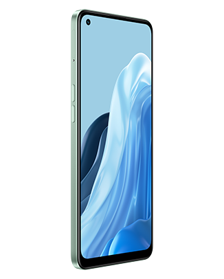 Telefon Telefon OPPO Reno 7 Lite 5G Curcubeu, cu imagine de fundal cu valuri albastre, privit din fata de la un unghi de 20 de grade spre dreapta