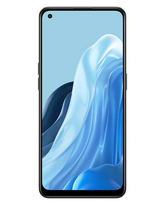 Telefon Telefon OPPO Reno 7 Lite 5G Negru, cu imagine de fundal cu valuri albastre, privit din fata