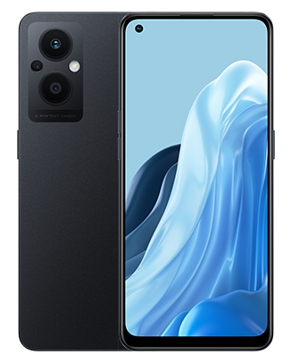 Telefoane OPPO Reno 7 Lite 5G Negru cel din stanga cu spatele cel din dreapta cu fata imagine de fundal cu valuri albastre pe telefonul cu spatele observand 3 camere