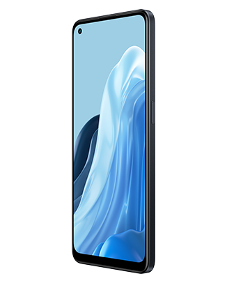 Telefon Telefon OPPO Reno 7 Lite 5G Negru, cu imagine de fundal cu valuri albastre, privit din fata de la un unghi de 20 de grade spre stanga