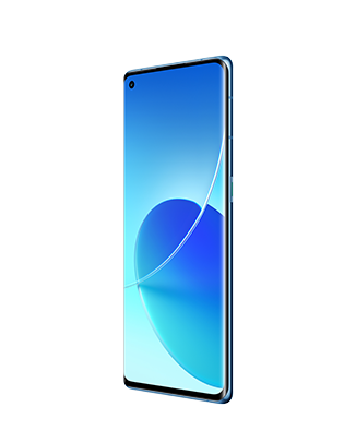 Telefon Telefon OPPO Reno 6 PRO 5G Albastru, cu imagine de fundal cu sfera albastra, privit din fata de la un unghi de 20 de grade spre stanga