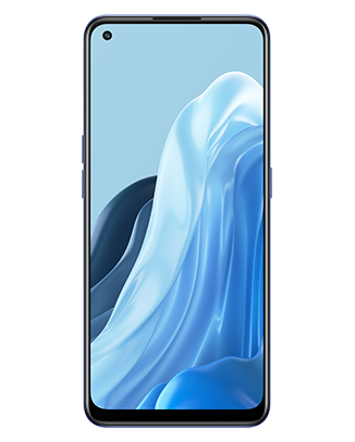 Telefon Telefon OPPO Reno 7 5G Albastru, cu imagine de fundal cu valuri albastre, privit din fata