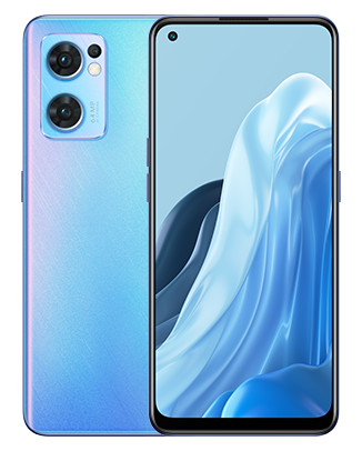 Telefoane OPPO Reno 7 5G Albastru cel din stanga cu spatele cel din dreapta cu fata imagine de fundal cu valuri albastre pe telefonul cu spatele observand 3 camere