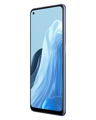 Telefon Telefon OPPO Reno 7 5G Albastru, cu imagine de fundal cu valuri albastre, privit din fata de la un unghi de 20 de grade spre stanga