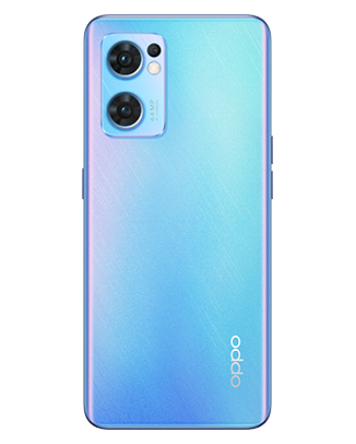 Telefon Telefon OPPO Reno 7 5G Albastru, privit din spate, observandu-se cele 3 camere si logo-ul OPPO