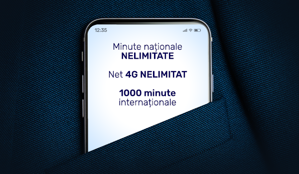 Telefon aflat în buzunarul unui costum afisand mesajul: Minute nationale nelimitate. Net 4G nelimitat. 1000 minute internationale.