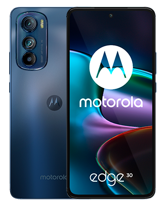Telefon Doua telefoane Motorola Edge 30 Dual Sim 128-8GB 5G Meteor Grey fiind plasate unul cu fata si celalalt spatele cu o imagine de fundal cu un joc de culori rosu verde si bleu pe un fundal alb
