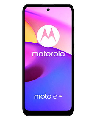 Telefon Telefon Motorola E40 Lite Dual Sim 64-4GB 5G Lagoon Green fiind plasat cu fata cu o imagine de fundal cu un joc de culori roz albastru si gaben pe un fundal alb