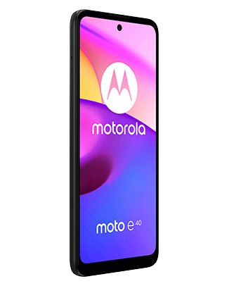 Telefon Telefon Motorola E40 Lite Dual Sim 64-4GB 5G Lagoon Green plasat cu fata intr-un unghi de aproximativ 20 de grade spre dreapta cu imagine de fundal cu un joc de culori roz albastru si galben