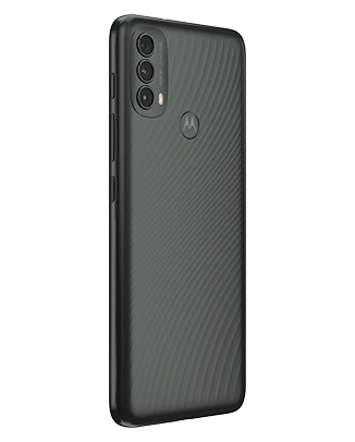 Telefon Telefon Motorola E40 Dual Sim 64-4GB 5G Carbon Gray fiind plasat cu spatele pe un fundal alb intr-un unghi de aproximativ 20 de grade spre dreapta
