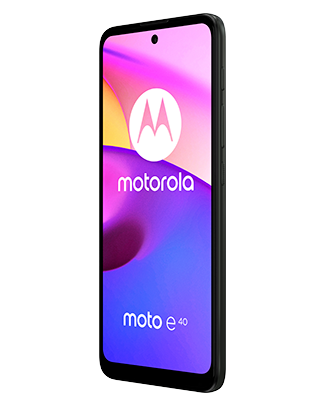 Telefon Telefon Motorola E40 Lite Dual Sim 64-4GB 5G Lagoon Green plasat cu fata intr-un unghi de aproximativ 20 de grade spre stanga cu imagine de fundal cu un joc de culori roz albastru si galben