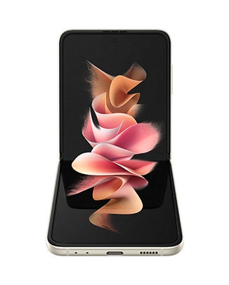 Telefon Telefon Samsung Galaxy Z Flip 3 crem semipliat cu ecranul aprins, fotografiat din fata
