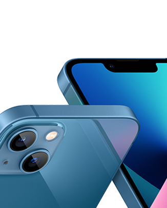Telefon Partea superioara a doua telefoane Apple iPhone 13 128 GB albastru, unul fotografiat din fata si unul din spate.