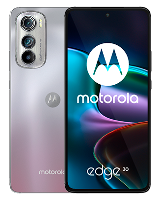 Telefon Doua telefoane Motorola Edge 30 Dual Sim 128-8GB 5G Silver fiind plasate unul cu fata si celalalt spatele cu o imagine de fundal cu un joc de culori rosu verde si bleu pe un fundal alb