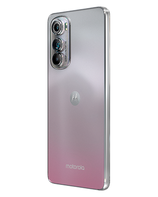 Telefon Telefon Motorola Edge 30 Dual Sim 128-8GB 5G Silverfiind plasat cu spatele pe un fundal alb intr-un unghi de aproximativ 20 de grade spre stanga