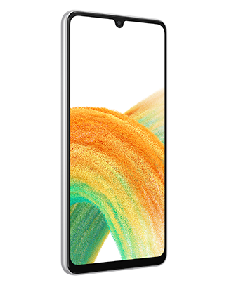 Telefon Telefon Samsung Galaxy A33 5G Alb, cu imagine de fundal cu valuri colorate in portocaliu si verde, pe un fundal alb privit din fata de la un unghi de 30 de grade spre dreapta