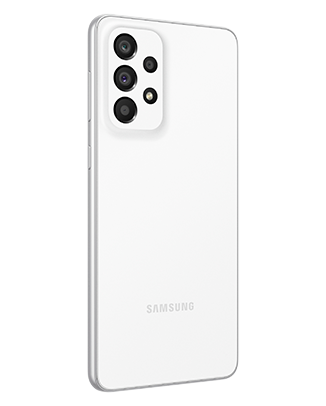 Telefon Telefon Samsung Galaxy A33 5G Alb, privit din spate de la un unghi de 30 de grade spre dreapta, observandu-se cele 4 camere si logo-ul Samsung, pe un fundal alb