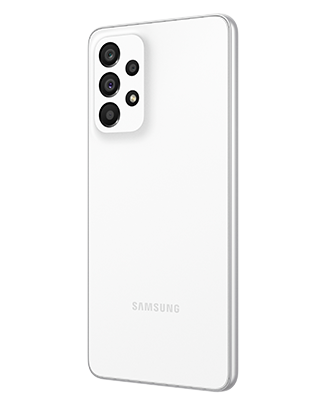 Telefon Telefon Samsung Galaxy A33 5G Alb, privit din spate de la un unghi de 30 de grade spre stanga, observandu-se cele 4 camere si logo-ul Samsung, pe un fundal alb