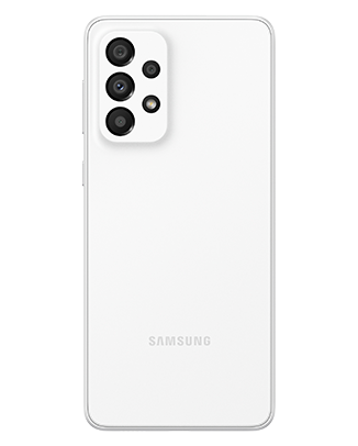Telefon Telefon Samsung Galaxy A33 5G Alb, privit din spate, observandu-se cele 4 camere si logo-ul Samsung, pe un fundal alb