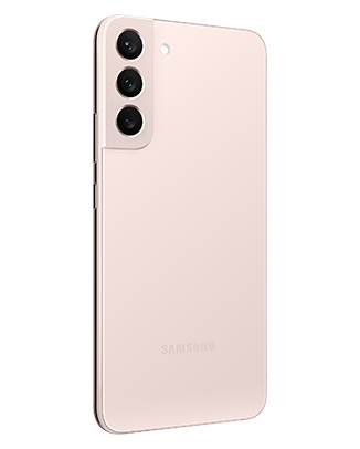 Telefon Telefon Samsung Galaxy S22+ roz fotografiat din spate, usor rotit catre dreapta