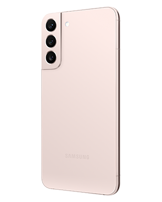 Telefon Telefon Samsung Galaxy S22+ roz fotografiat din spate, usor rotit catre stanga