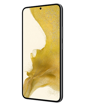 Telefon Telefon Samsung Galaxy S22+ negru fotografiat din fata, usor rotit catre stanga