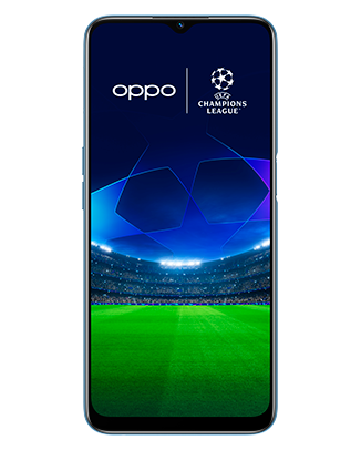 Telefon Telefon OPPO A54S Albastru, cu imagine de fundal cu logo UEFA Champions League, privit din fata