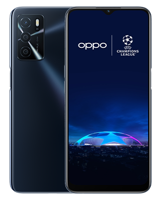 Telefon Telefoane OPPO A16 Negru, vizibil fata spate, imagine de fundal cu logo UEFA Champions League, pe telefonul cu spatele observandu-se cele 3 camere