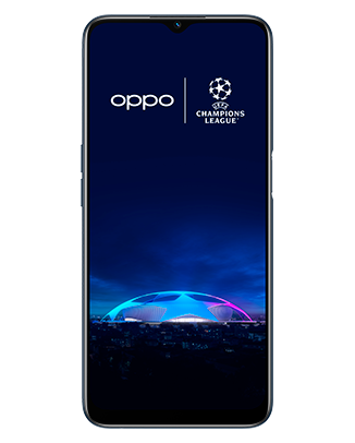 Telefon Telefon OPPO A16 Negru, cu imagine de fundal cu logo UEFA Champions League, privit din fata