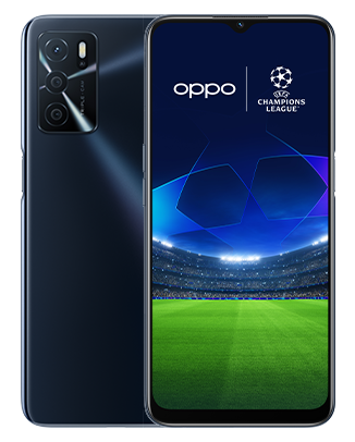 Telefon Telefoane OPPO A54S Negru, vizibil fata spate, imagine de fundal cu logo UEFA Champions League, pe telefonul cu spatele observandu-se cele 3 camere