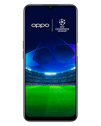 Telefon Telefon OPPO A54S Negru, cu imagine de fundal cu logo UEFA Champions League, privit din fata
