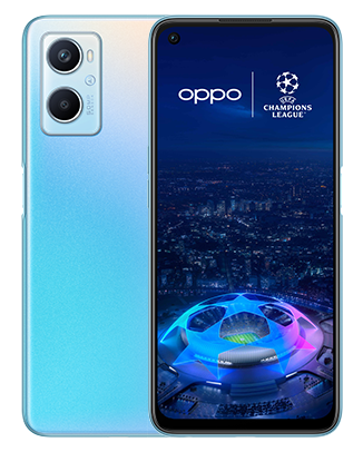 Telefon Telefoane OPPO A96 Albastru, vizibil fata spate, imagine de fundal cu logo UEFA Champions League, pe telefonul cu spatele observandu-se cele 2 camere