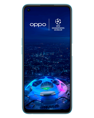 Telefon Telefon OPPO A96 Albastru, cu imagine de fundal cu logo UEFA Champions League, privit din fata