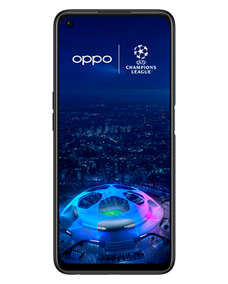 Telefon Telefon OPPO A96 Negru, cu imagine de fundal cu logo UEFA Champions League, privit din fata