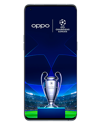 Telefon Telefon OPPO Find X5 Pro Negru, cu imagine de fundal cu logo si cupa UEFA Champions League, privit din fata