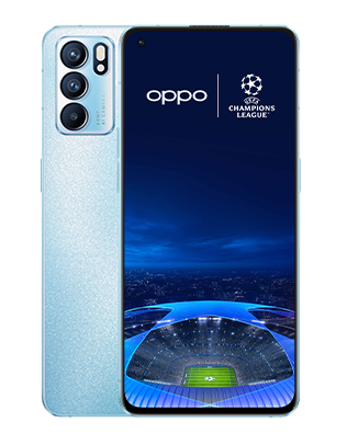 Telefon Telefoane OPPO Reno 6 5G Albastru, vizibil fata spate, imagine de fundal cu logo UEFA Champions League, pe telefonul cu spatele observandu-se cele 3 camere